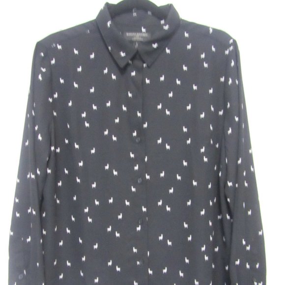 Banana Republic Black Llama Print Button Down Sheer Chiffon Top Women's L - Picture 1 of 5